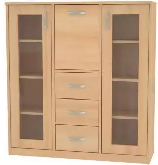 Komoda se středovými zásuvkami a výklopem, policemi a prosklenými dvířky KD 2