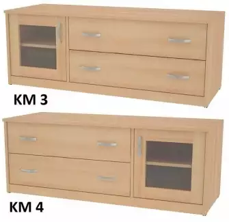TV stolek se dvěma zásuvkami nad sebou a skříňkou s prosklenými dvířky KM