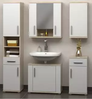 Krásná koupelnová sestava dvoubarevná bílá + dub sonoma