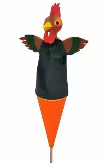 Velký kornoutový maňásek, textilní, ovládaný pomocí dřevěné tyčky Kohout