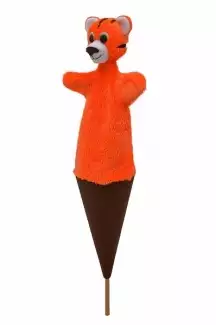 Velký kornoutový maňásek, textilní, ovládaný pomocí dřevěné tyčky Tygr