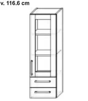 Prosklená skříňka se zásuvkami a policemi, výška 116,6 cm