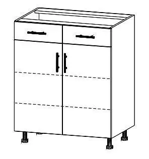 Spodní skříňka s bočním otevíráním se dvěmi policemi a dvěmi zásuvkami