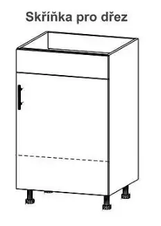 Jednodveřová skříňka pro dřez s lištou a bočním otevíráním