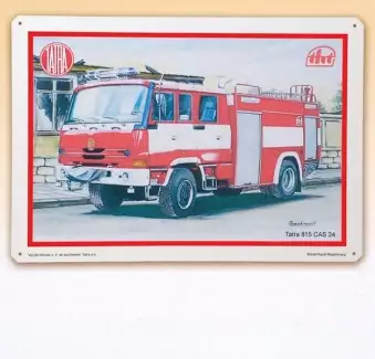 Plechová cedule s obrázkem hasičského auta Tatra 