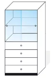 Skříň vysoká z laminovaných desek, prosklený regál Issy