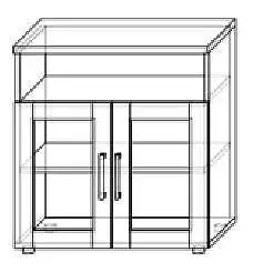 Prosklená policová skříňka s otevřeným odkládacím prostorem