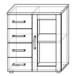 Policová kombinovaná skříňka s proskleným dvířkem a 4 šuplíky