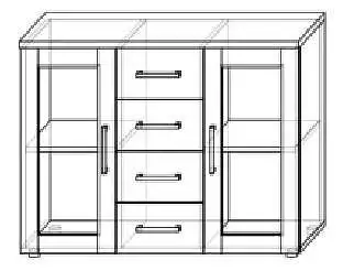 Velká komoda se 4 zásuvkami a prosklenými dvířky po stranách