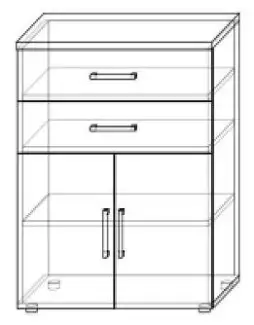 Tmavá skříňka se 2 dvířky a poličkou, dvě zásuvky v ořechu