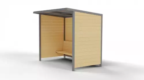 Zastávkový přístřešek z ocelové konstrukce s dřevěným obložením Lída