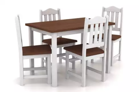 Jídelní set z masivní borovice v hnědo-bílém provedení a výběrem židlí M01
