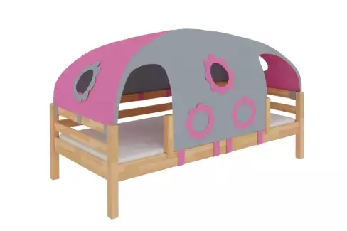 Domečková postel z bukového dřeva se stanem a zábranou B