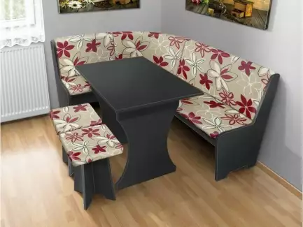 Rohový jídelní set obsahující rohovou lavici, stůl a 2 taburety