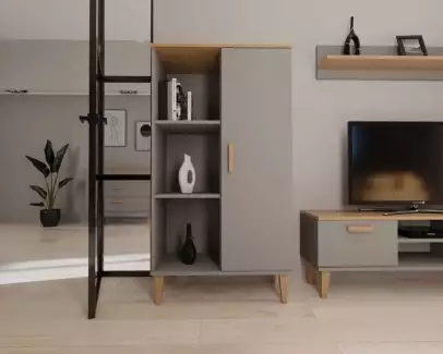 Moderní laminová knihovna nebo regál s bukovými úchytkami Denisa