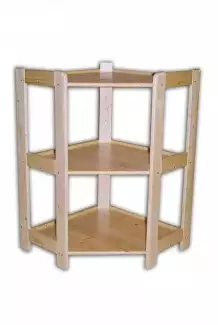 Dřevěný rohový regál s variabilním uspořádáním polic